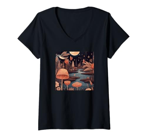Damen Cottagecore Berge - Natur Mond Boho Landschaft T-Shirt mit V-Ausschnitt Damen Cottagecore Berge - Natur Mond Boho Landschaft T-Shirt mit V-Ausschnitt von Boho-Design Blumiges Geschenk