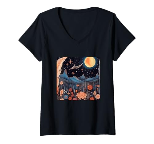 Damen Cottagecore Berge - Natur Mond Boho Landschaft T-Shirt mit V-Ausschnitt Damen Cottagecore Berge - Natur Mond Boho Landschaft T-Shirt mit V-Ausschnitt von Boho-Design Blumiges Geschenk