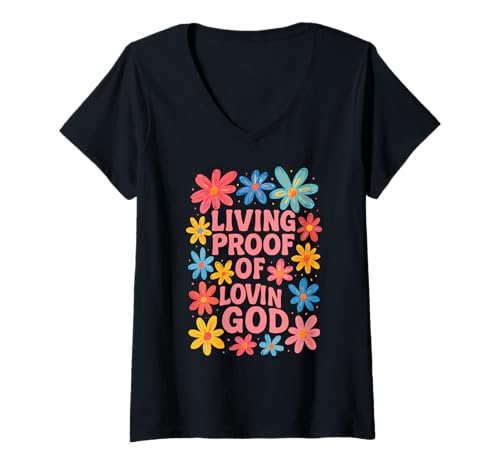 Damen Christliche Blumengrafik „Living Proof of Lovin God“ T-Shirt mit V-Ausschnitt von Boho Faith Floral Shirts for Jesus Lovers