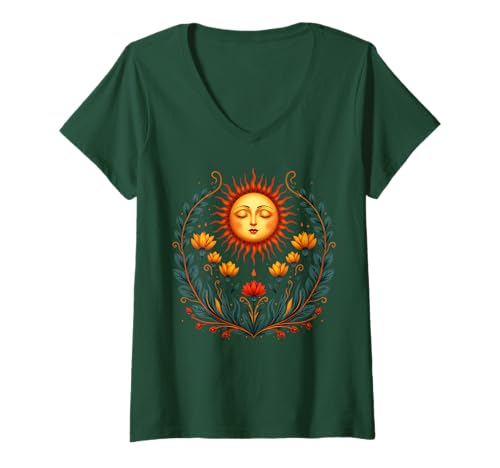 Damen Boho Floral Jugendstil Boho Wildblumen Mystisch T-Shirt mit V-Ausschnitt von Boho Floral Art Nouveau Sun and Wildflowers