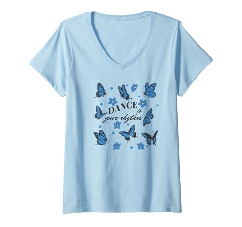 Damen Tanze zu deinem Rhythmus Boho Butterfly T-Shirt mit V-Ausschnitt Damen Tanze zu deinem Rhythmus Boho Butterfly T-Shirt mit V-Ausschnitt von Boho Floral Blue Butterfly Positive Live By Quote