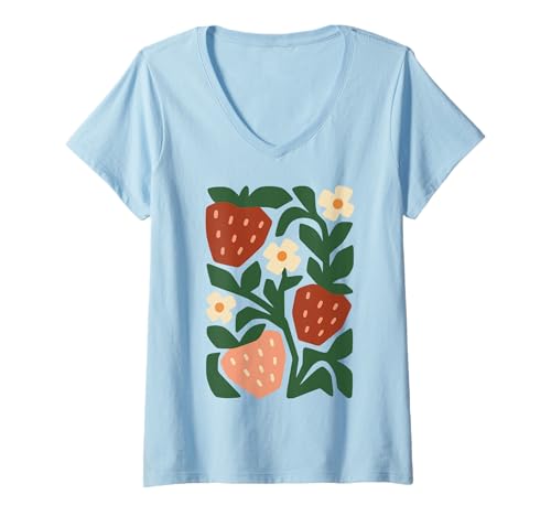Damen Boho Floral Erdbeeren Sommer T-Shirt mit V-Ausschnitt Damen Boho Floral Erdbeeren Sommer T-Shirt mit V-Ausschnitt von Boho Floral Designs