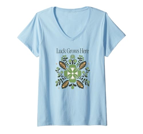 Damen Luck Grows Here Vierblättriges Kleeblatt mit Boho T-Shirt mit V-Ausschnitt von Boho Floral Four Leaf Clover Positive Quote