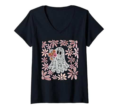Damen Boho Spitze Geist Gänseblümchen Floral Halloween Ästhetik T-Shirt mit V-Ausschnitt von Boho Floral Halloween Cute Ghost Shirt Company