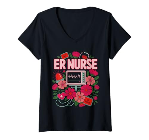 Damen ER Krankenschwester Retro Boho Botanische Wildblumen T-Shirt mit V-Ausschnitt Damen ER Krankenschwester Retro Boho Botanische Wildblumen T-Shirt mit V-Ausschnitt von Boho Floral Nurse Collective
