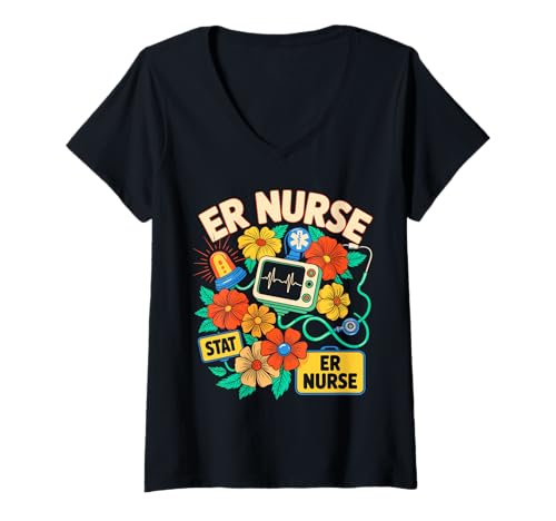 Damen ER Krankenschwester Retro Boho Botanische Wildblumen T-Shirt mit V-Ausschnitt Damen ER Krankenschwester Retro Boho Botanische Wildblumen T-Shirt mit V-Ausschnitt von Boho Floral Nurse Collective