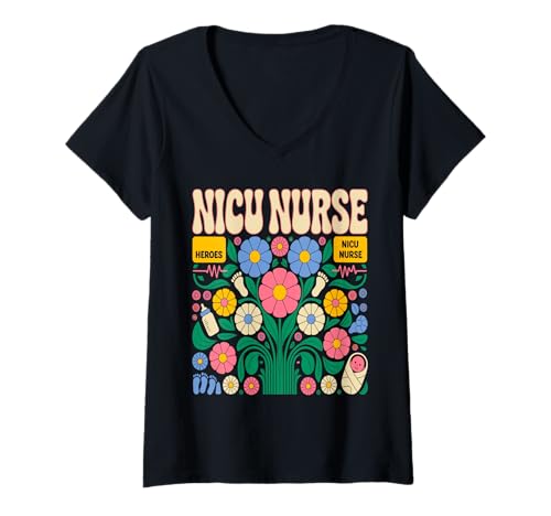 Damen NICU Krankenschwester Boho Floral Retro Groovy Blumen T-Shirt mit V-Ausschnitt von Boho Floral Nurse Squad