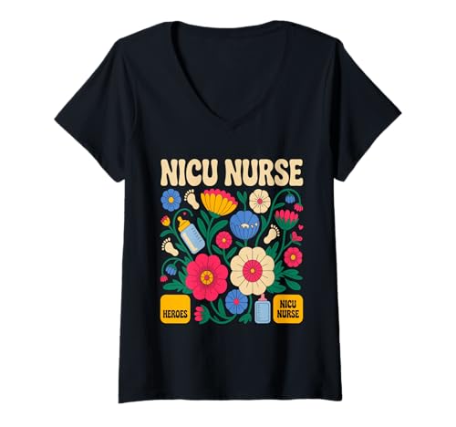 Damen NICU Krankenschwester Boho Floral Retro Groovy Blumen T-Shirt mit V-Ausschnitt Damen NICU Krankenschwester Boho Floral Retro Groovy Blumen T-Shirt mit V-Ausschnitt von Boho Floral Nurse Squad