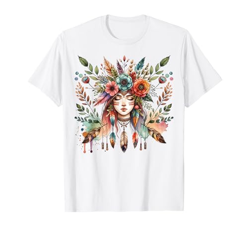 Boho-Mädchen mit floralem Kopfschmuck und Federn T-Shirt von Boho Girl with Floral Headdress and Feathers