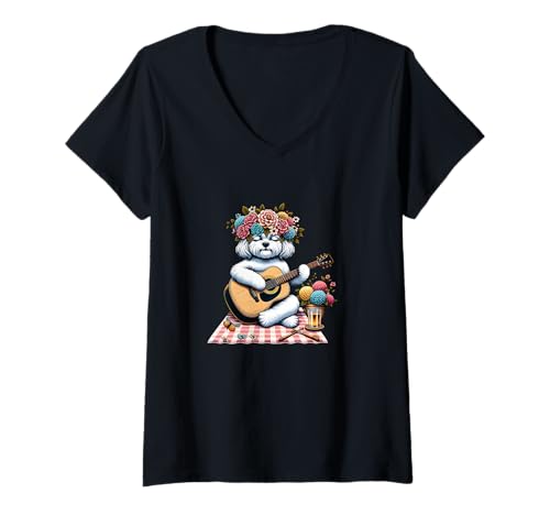 Damen Weißer Hund Mit Gitarre Blumenkranz Picknick Musik T-Shirt mit V-Ausschnitt Damen Weißer Hund Mit Gitarre Blumenkranz Picknick Musik T-Shirt mit V-Ausschnitt von Boho Hund Gitarre Blumenkranz Picknick Musik
