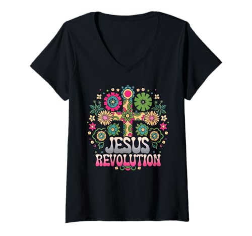 Damen Jesus Revolution Christian Faith Retro Groovy Hippie Blume T-Shirt mit V-Ausschnitt Damen Jesus Revolution Christian Faith Retro Groovy Hippie Blume T-Shirt mit V-Ausschnitt von Boho Jesus Revolution Christian Faith Based 70s