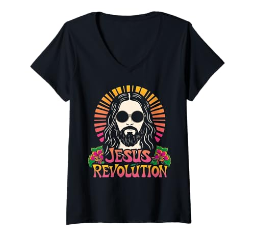 Damen Jesus Revolution Christian Faith Retro Groovy Hippie Blume T-Shirt mit V-Ausschnitt Damen Jesus Revolution Christian Faith Retro Groovy Hippie Blume T-Shirt mit V-Ausschnitt von Boho Jesus Revolution Christian Faith Based 70s