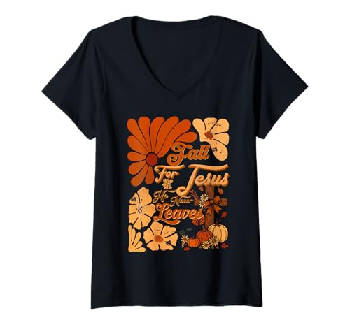 Damen Boho Christian Thanksgiving: Der Herbst in Jesus, den er nie verlässt T-Shirt mit V-Ausschnitt von Boho Retro Christian Thanksgiving Fall for Jesus
