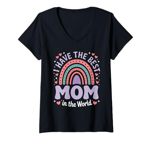 Damen I Have The Best Mom In The World Pastell Regenbogen T-Shirt mit V-Ausschnitt Damen I Have The Best Mom In The World Pastell Regenbogen T-Shirt mit V-Ausschnitt von Boho Retro Familie Liebe Dankbarkeit Für Mama