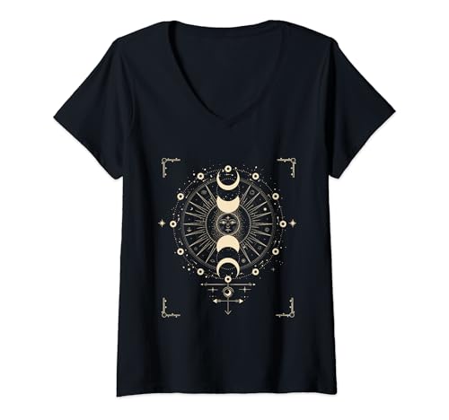Damen Magische Energie der Sonne, Sterne & Mond Boho T-Shirt mit V-Ausschnitt von Boho T-Shirt
