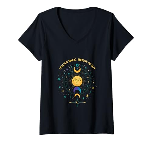 Damen Magische Energie der Sonne, Sterne & Mond Boho T-Shirt mit V-Ausschnitt von Boho T-Shirt