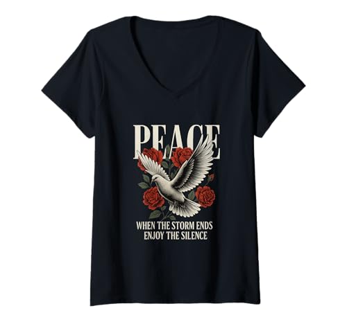 Damen Peace Taube im Retro Vintage Design mit Rosen & Schriftzug T-Shirt mit V-Ausschnitt Damen Peace Taube im Retro Vintage Design mit Rosen & Schriftzug T-Shirt mit V-Ausschnitt von Boho T-Shirt