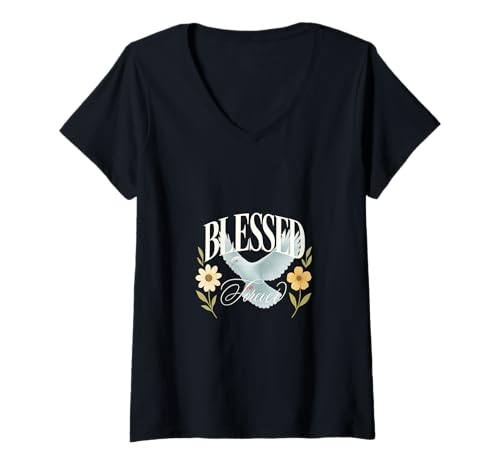 Damen Peaceful Flight - Taube mit Blumen T-Shirt mit V-Ausschnitt Damen Peaceful Flight - Taube mit Blumen T-Shirt mit V-Ausschnitt von Boho T-Shirt