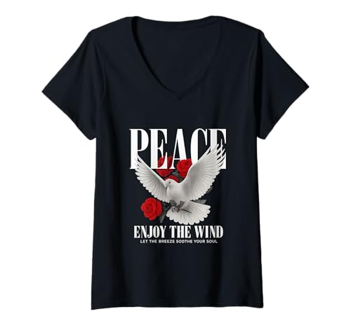 Damen Taube im Retro Vintage Design mit Rosen & Schriftzug T-Shirt mit V-Ausschnitt Damen Taube im Retro Vintage Design mit Rosen & Schriftzug T-Shirt mit V-Ausschnitt von Boho T-Shirt