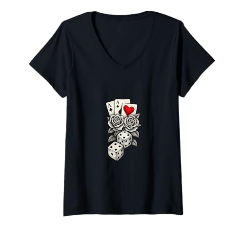 Damen Vintage Tattoo Style Grafik mit Karten, Würfeln & Rosen T-Shirt mit V-Ausschnitt Damen Vintage Tattoo Style Grafik mit Karten, Würfeln & Rosen T-Shirt mit V-Ausschnitt von Boho T-Shirt