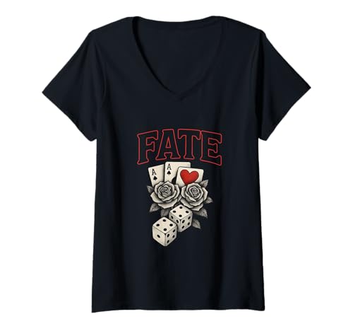 Damen Vintage Tattoo Style Grafik mit Karten, Würfeln & Rosen T-Shirt mit V-Ausschnitt von Boho T-Shirt