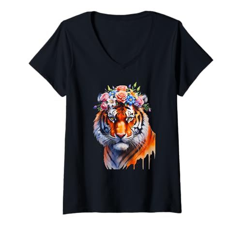 Damen Atemberaubender Tiger Floral Art Spirit Tier Tiger Mädchen Geburtstag T-Shirt mit V-Ausschnitt von Boho Tiger Wildlife floral illustration Zoo Cats