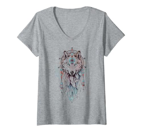 Damen Bohemian Wolf Traumfänger Vintage T-Shirt mit V-Ausschnitt von Boho Wolf Dreamcatcher Geschenk für Naturliebhaber