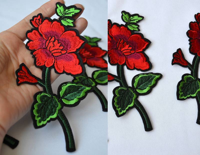 Rote Grosse Blume Aufnäher Patch-Eisen Rose Blumen Applikation 16 cm Stickapplikation Dekor Kleidersäckchen von BohoAreaDesigns