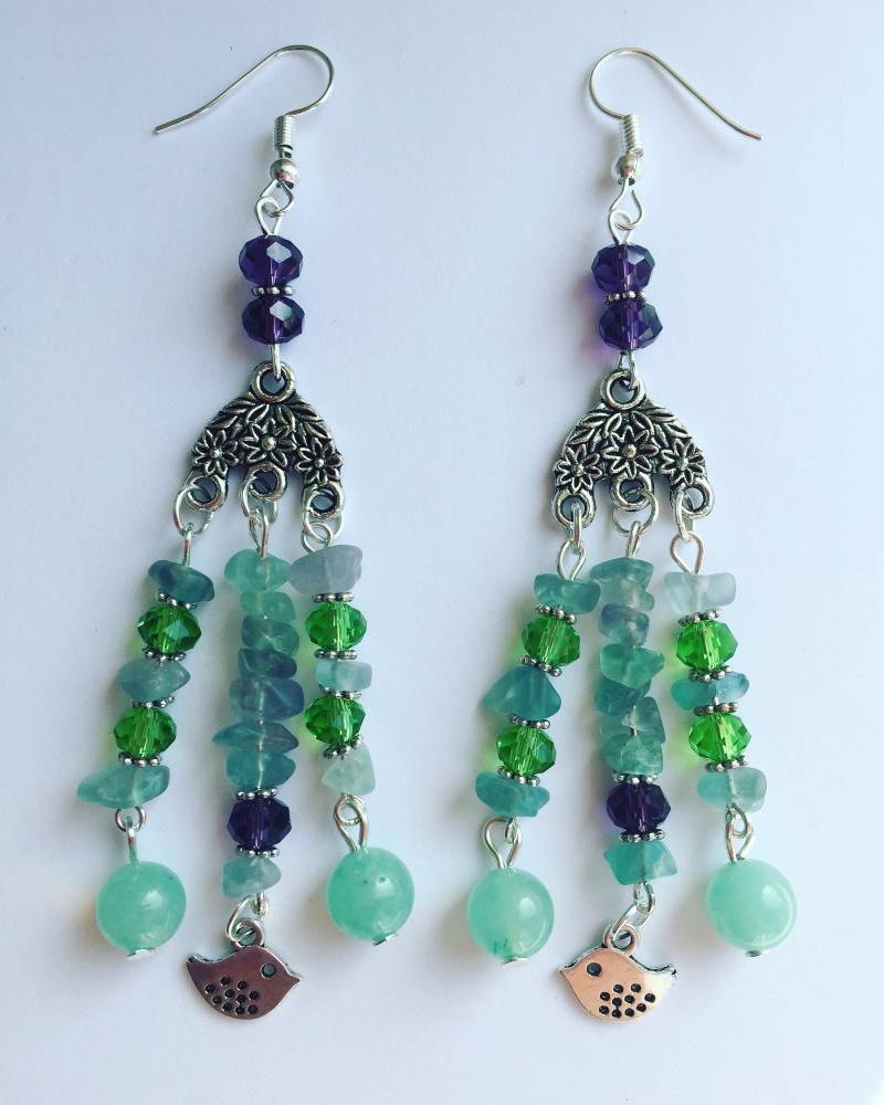 Edelstein Vogel Ohrringe, Halb Kostbare Kronleuchter Vogel, Grüne Aventurin Dangly, Tierliebhaber von BohoBeadsEtsyShop