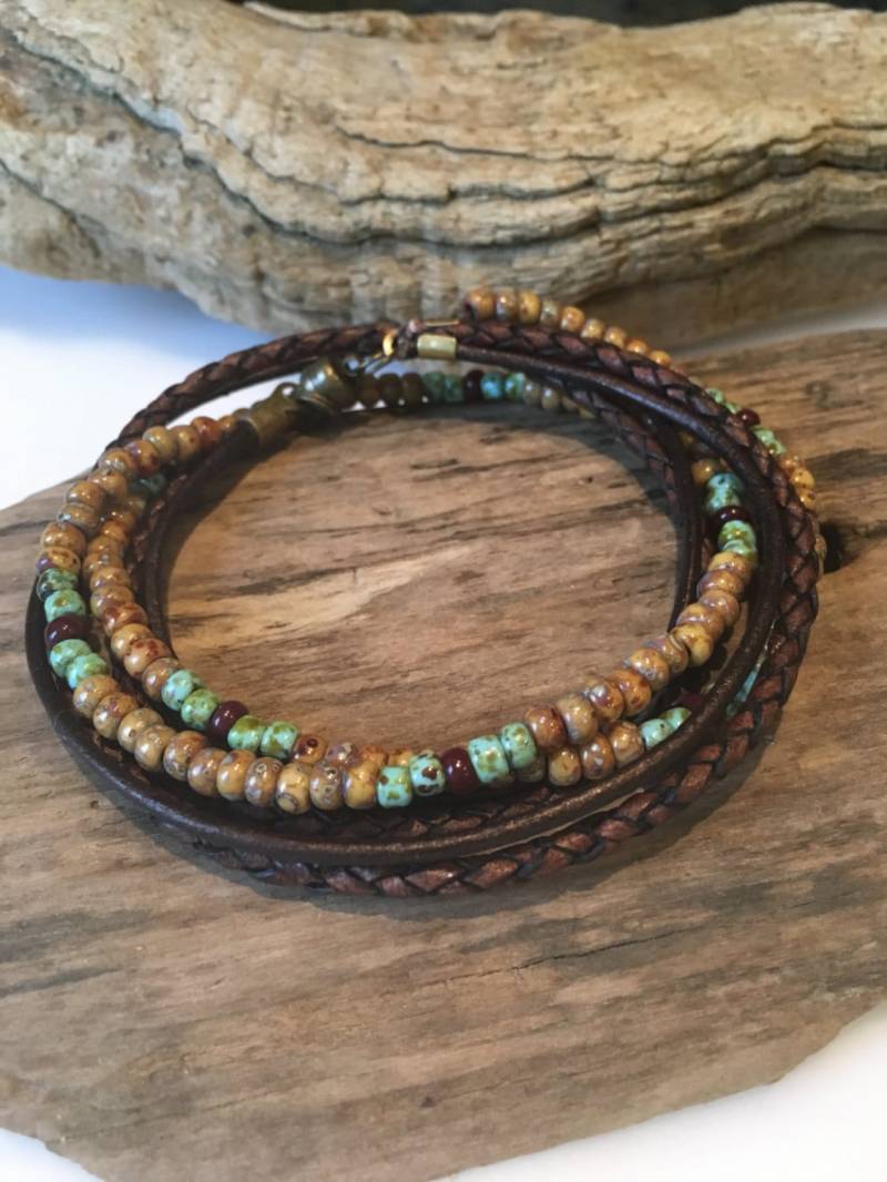 Leder Wickelarmband, Leder-/Perlenschmuck, Braun, Geflochtenes Leder, Unisex Boho Wrap, Perlenarmband Leder Wickelarmband, Leder-/Perlenschmuck, Braun, Geflochtenes Leder, Unisex Boho Wrap, Perlenarmband von BohoBlissCreations