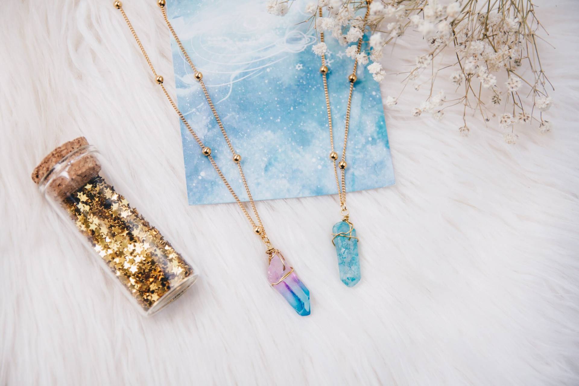 Aura Quarz-Kristallhalskette, Edelstahl-Perlen-Kette von BohoBreezeStudio