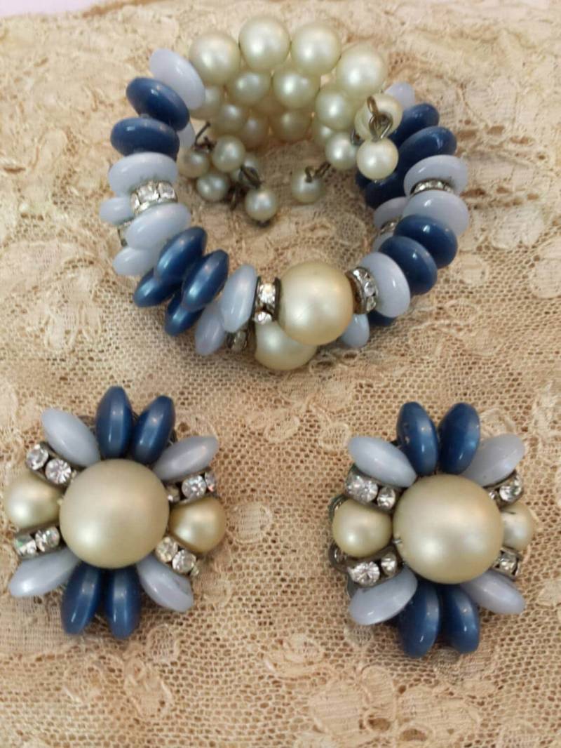 Vintage 50Er Jahre Armband & Ohrringe Set. 1950Er Schmuck-Set. Blaue Perle von BohoChicVintage