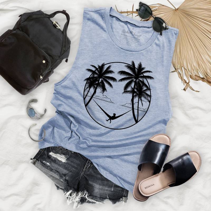 Hängematte Palm Tree Beach Design Womens Flowy Muskel Tank - Hp von BohoJungl