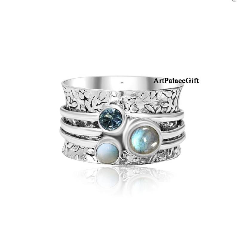 Labradorit Ring, 925 Silber Larimar Spinner Blautopas Angst Handgemachte Fidget Naturstein von BohoMagicShop925