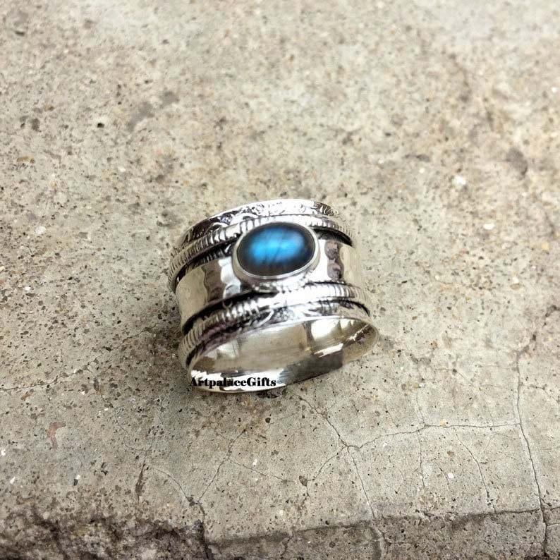 Labradorit Ring, Handgemachter Spinner Natürlicher Labradorit, Fidget 925 Silber Versprechen Angst Frauen Ring von BohoMagicShop925