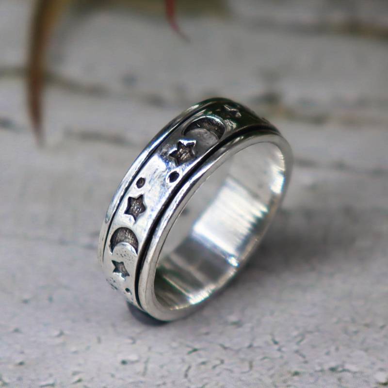 Sterling Silber Ring, Spinner Ring, Fidget Mond & Sterne Angst Frauen Handgemachte Boho Spin Ring von BohoMagicShop925