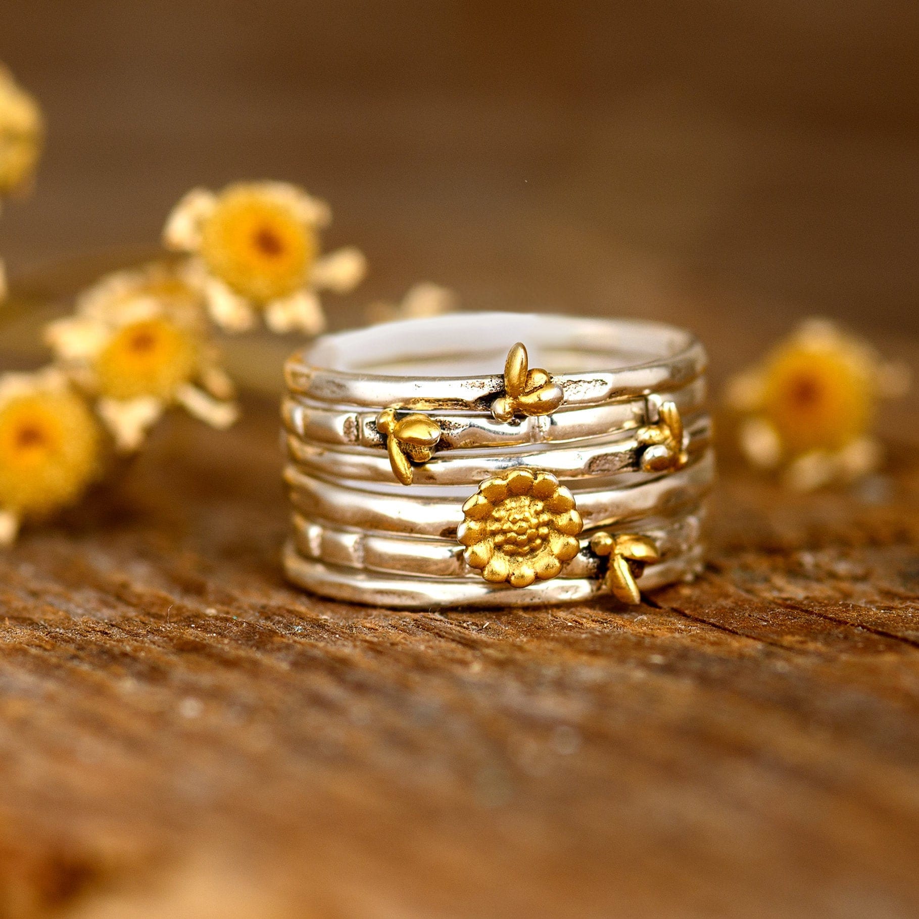 Bienen Und Sonnenblumen Ring, Stapelring Set, Sterling Silber Ringe Für Frauen, Natur Stapelbare Ringe, Boho Schmuck von BohoMagicSilver