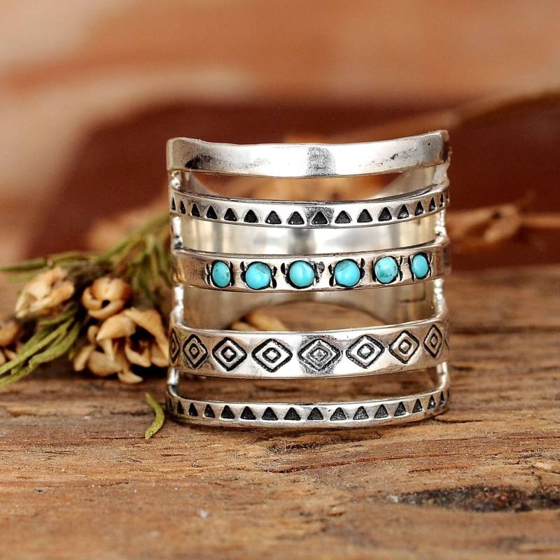 Boho Ring Mit Gravur, Sterling Silber Für Frauen, Edelstein Statement Stein Türkis Ring, Schmuck von BohoMagicSilver