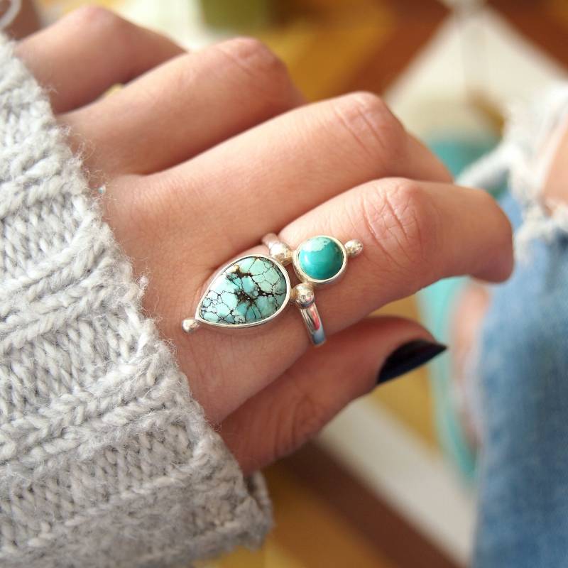 Boho Türkis Ring, Sterling Silber Ring Für Frauen, Dual Birthstone Edelstein Teardrop Statement-Stein Schmuck von BohoMagicSilver