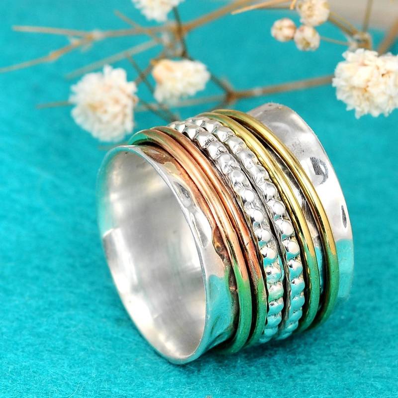 Breiter Band Spinner Ring, Sterling Silber Fidget Meditation Gehämmert Sorgen Boho Statement Ringe Für Frauen Männer von BohoMagicSilver