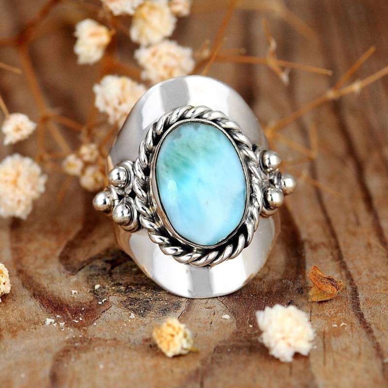 Larimar Ring, Sterling Silber Ring Für Frauen, Boho Statement Großer Stein Edelstein Schmuck von BohoMagicSilver