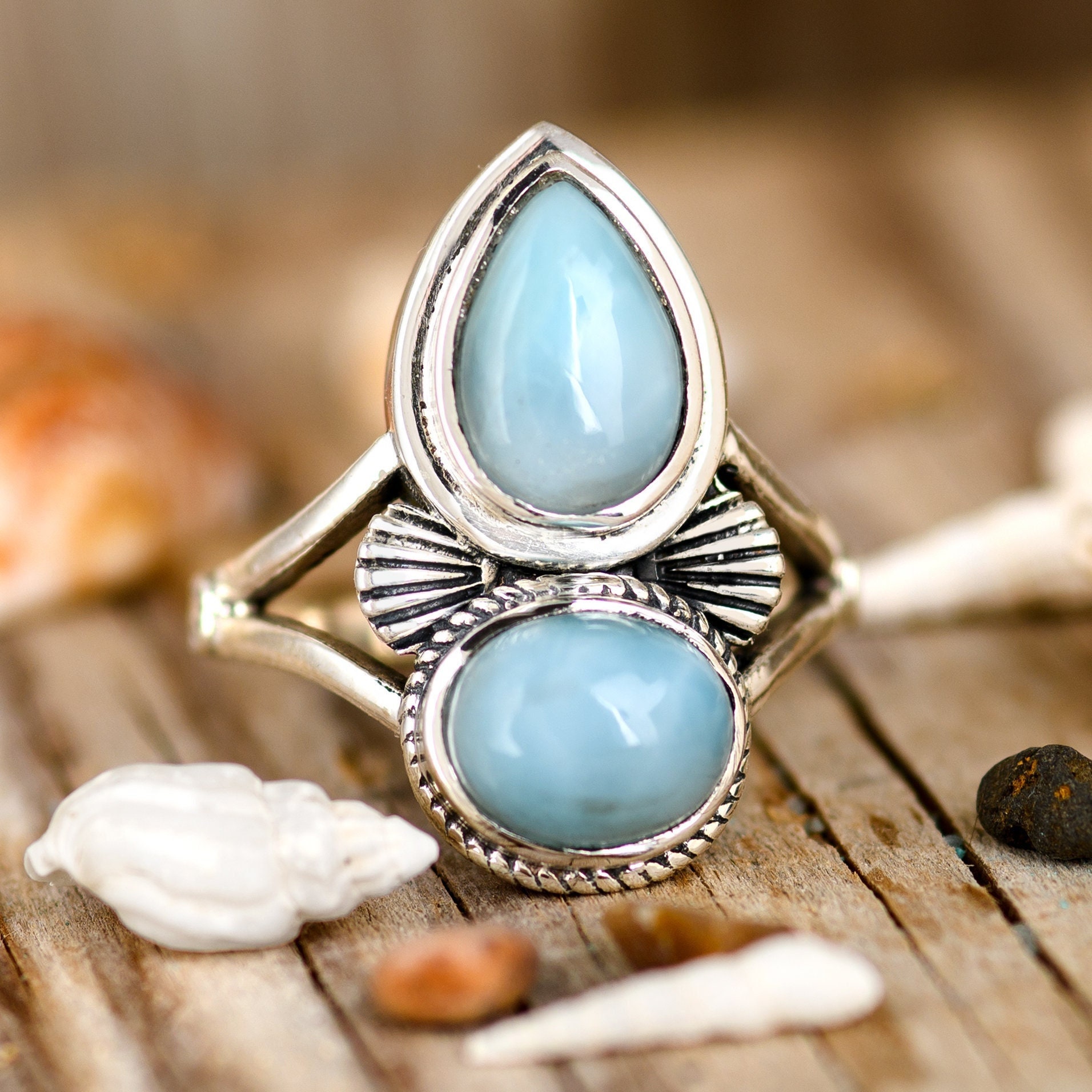 Zwei Stein Larimar Ring, Sterling Silber Ring Für Frauen, Blauer Statement Teardrop Edelstein Boho Schmuck von BohoMagicSilver