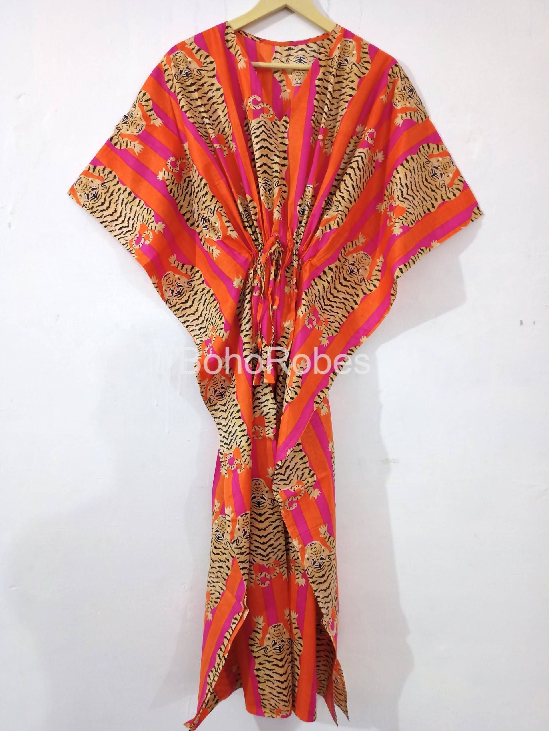 Orange Tiger Print Kaftan Kleid, Lange Kaftan, Baumwolle Strand Cover Up, Nachtwäsche Geschenke Für Sie von BohoRobes