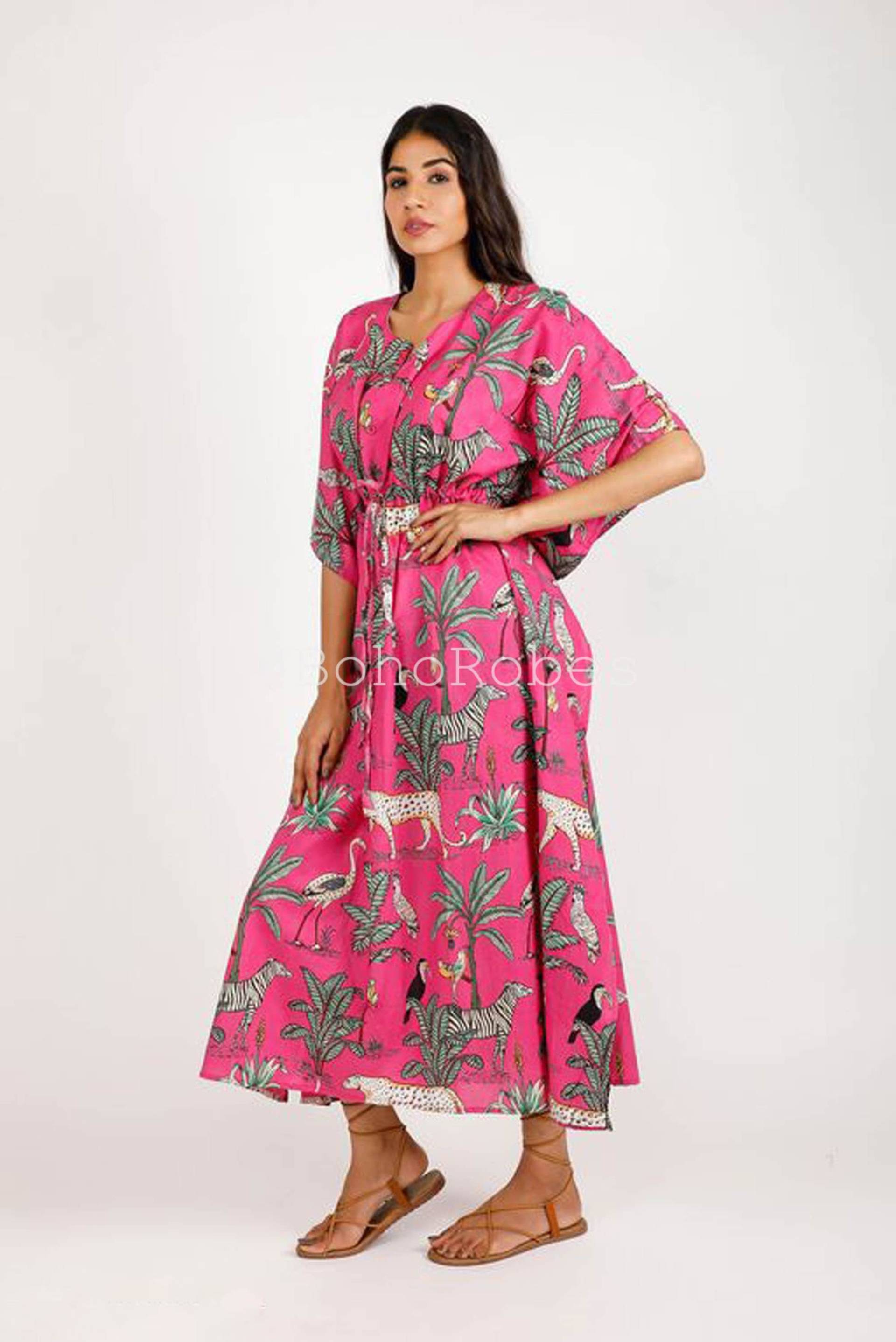 Rosa Kaftan-Kleid Mit Tierdruck, Strand-Abdeckung, Brautjungfer Kleid, Langer Baumwollkaftan, Geschenke Für Mutter von BohoRobes