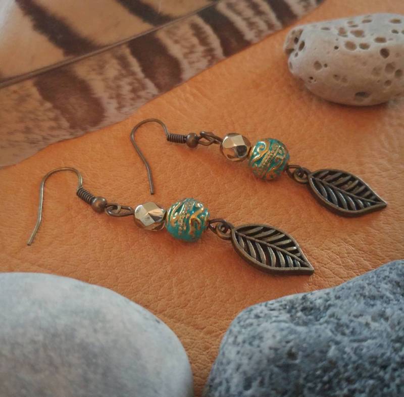 Herbstliche Luft Ohrringe/Blattohrringe Perlenohrringe Türkis Bronzeohrringe Naturohrringe Herbstliche Luft Ohrringe/Blattohrringe Perlenohrringe Türkis Bronzeohrringe Naturohrringe von BohoTribeCo