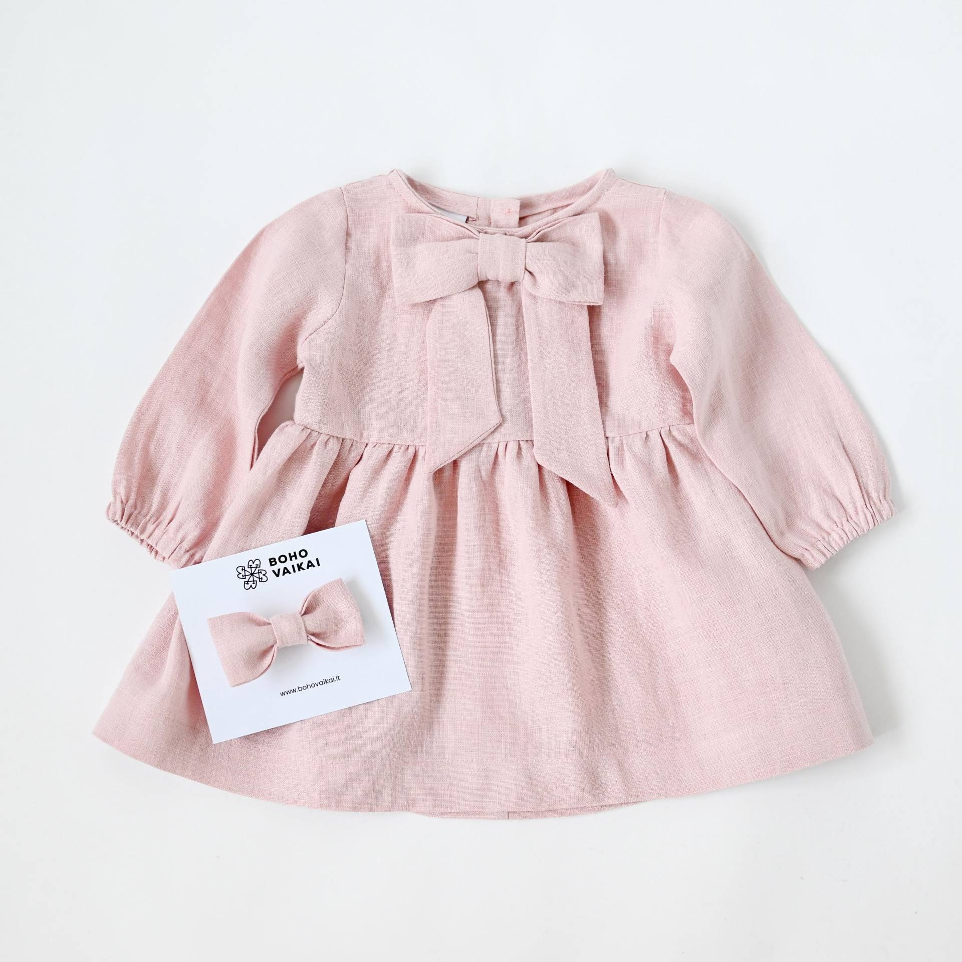 Kleid Zum 1. Geburtstag Mädchen Leinen Dusty Pink Für Kleinkind Mit Bogen Langen Ärmeln Winterkleid von BohoVaikai