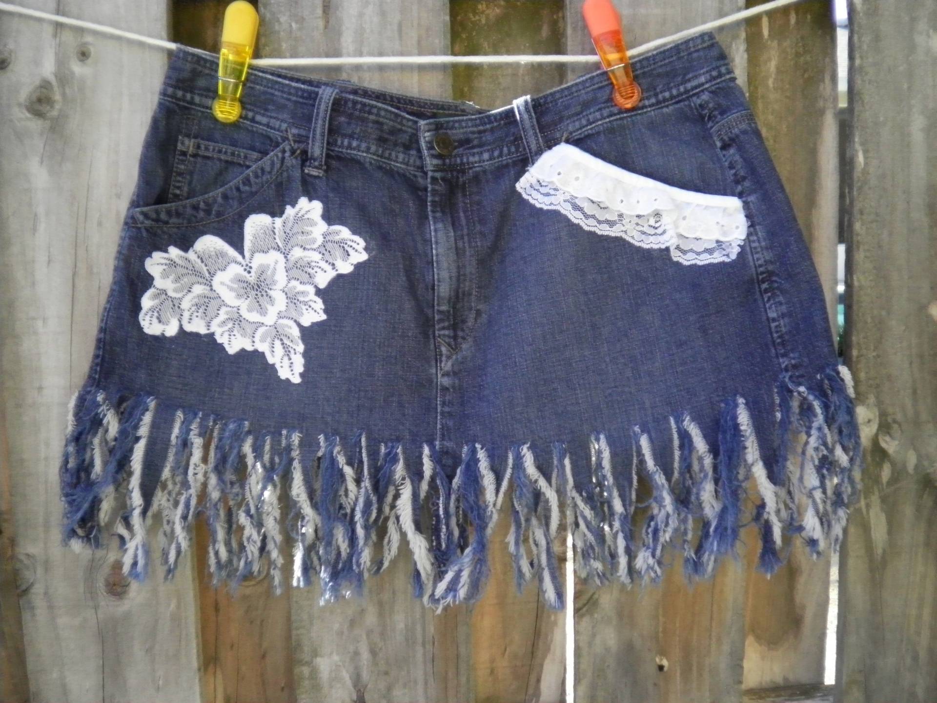 Benutzerdefinierte Ralph Lauren Jeansrock Damen Vintage Upcycled Distressed Spitze Hinzugefügt Hippie Boho Tattered Flirty Geschenk Für Sie Sz. Groß von BohoVintageVillage
