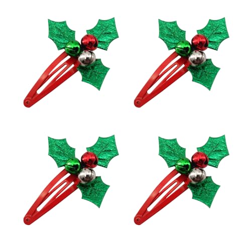 Bohue 4 x Weihnachts-Haarspangen mit Stechpalmen-Motiv, Jingle Bell Haarspangen, Weihnachts-Haarschmuck für Mädchen von Bohue