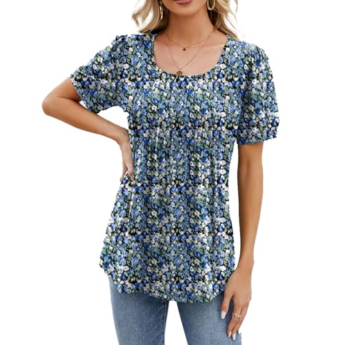 Boikey Bluse Damen Kurzarm Elegant T-Shirts Rundhalsausschnitt Blumen Falten Sommer Oberteile Locker Lässig Rundhalsblusen Puffärmel-Tunika Tops von Boikey