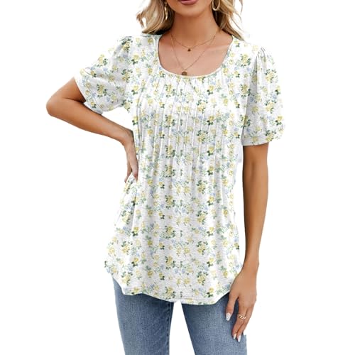 Boikey Bluse Damen Kurzarm Elegant T-Shirts Rundhalsausschnitt Blumen Falten Sommer Oberteile Locker Lässig Rundhalsblusen Puffärmel-Tunika Tops von Boikey